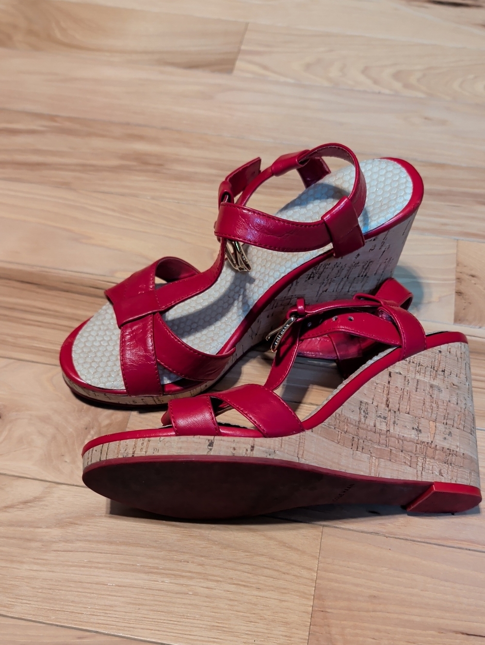 Cole Haan Red Leather Wedge Sandals with Cork Heel